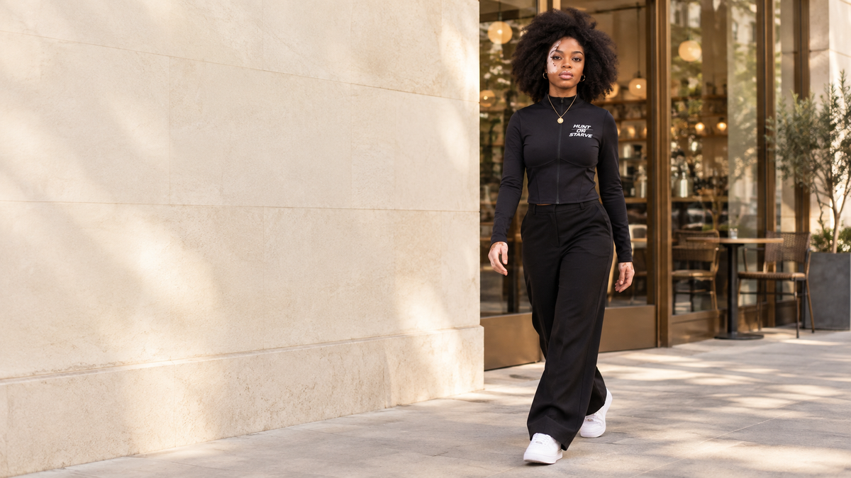 Model wearing the Prynce Essential Cropped Hoodie with matching joggers, studio catalog photo
