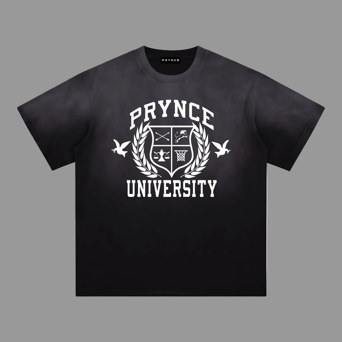 A black short-sleeve t-shirt with a white graphic print on the front reading 'PRYNCE UNIVERSITY' around a crest design, shown on a plain white background.