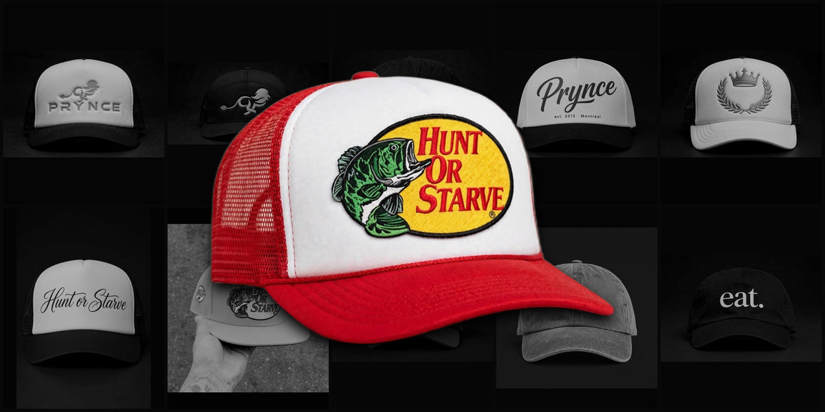 PRYNCE hat collection — wall of hats in black and white, red Hunt or Starve trucker in colour in the middle