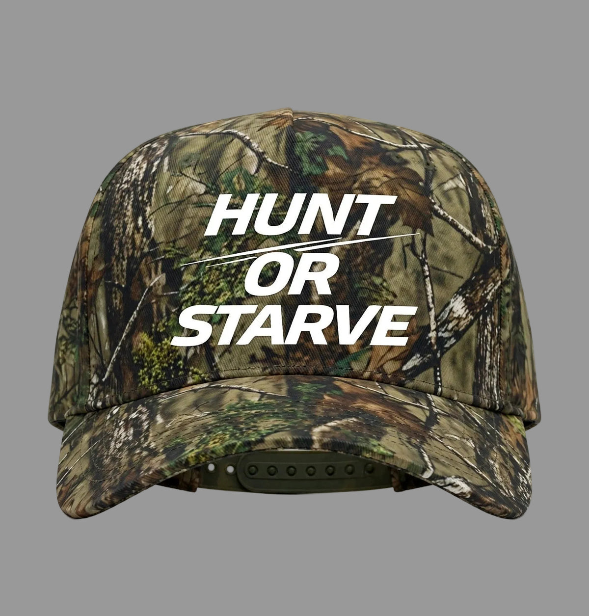 PRYNCE Hunt Or Starve Forest Camo Snapback Hat in forest tree camo with white italic Hunt or Starve logo, front view