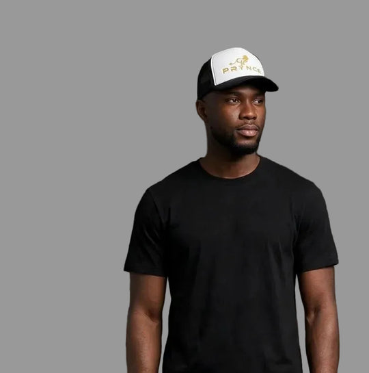 PRYNCE Gold Lockup Foam Trucker Hat — worn