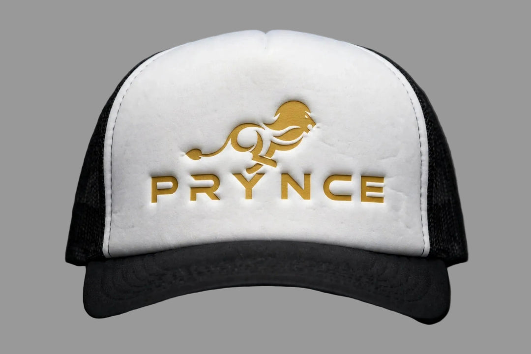 PRYNCE Gold Lockup Foam Trucker Hat — front