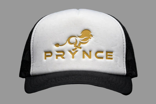 PRYNCE Gold Lockup Foam Trucker Hat — front