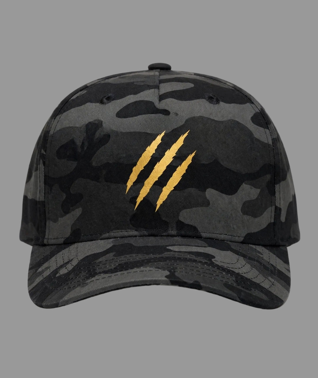 PRYNCE Claw Marks Black Camo Snapback Hat in black camo with three gold claw slash marks, front view