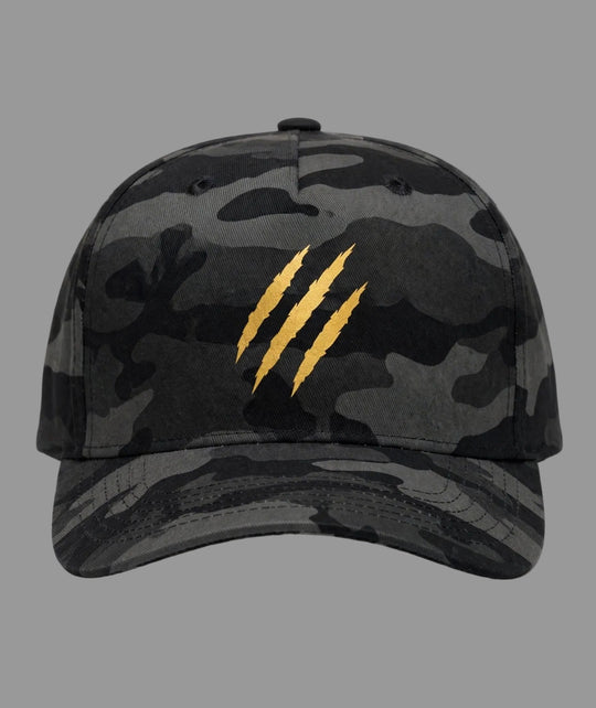 PRYNCE Claw Marks Black Camo Snapback Hat in black camo with three gold claw slash marks, front view
