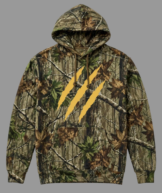 PRYNCE Claw Marks Forest Camo Hoodie in forest tree camo with large gold claw slash marks across the chest