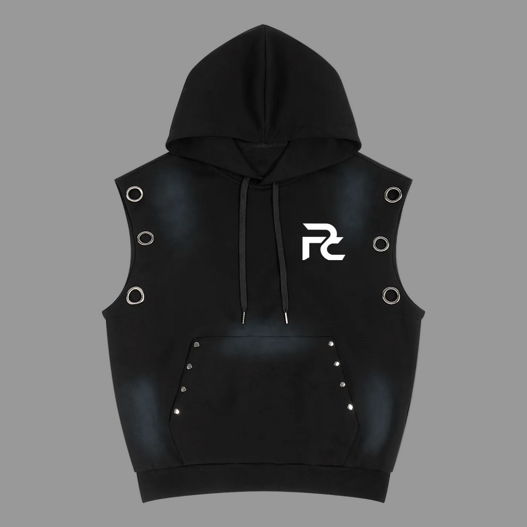 A black sleeveless hooded vest with metal grommets on the sides, a drawstring hood, a front kangaroo pocket with silver studs, and a &