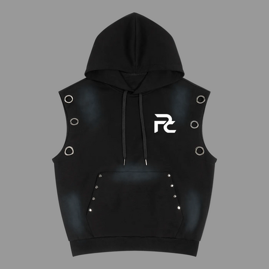 A black sleeveless hooded vest with metal grommets on the sides, a drawstring hood, a front kangaroo pocket with silver studs, and a &
