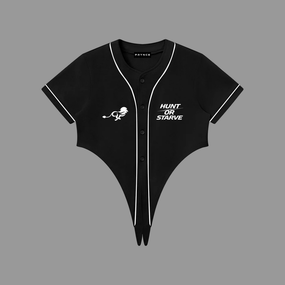 Black baseball jersey with white trim and logo on a white background