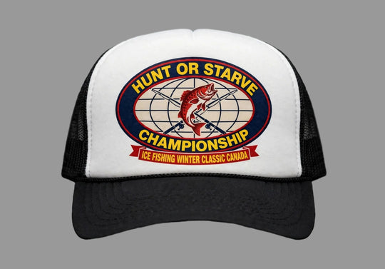 A black and white trucker hat featuring a large embroidered &