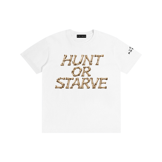 A white short-sleeve crewneck t-shirt featuring the text &