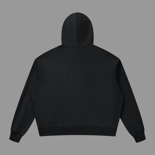 A black cropped hoodie shown from the back, featuring a solid black fabric body, ribbed cuffs, and a ribbed hem, photographed against a plain white background.