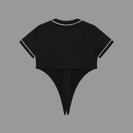 Black swimsuit with white trim on a white background