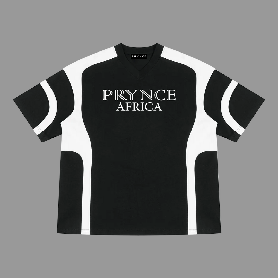 A black and white color-blocked short-sleeve t-shirt with &