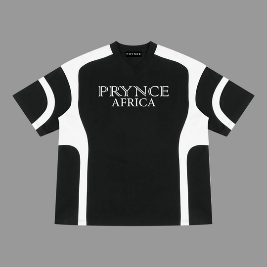 A black and white color-blocked short-sleeve t-shirt with &