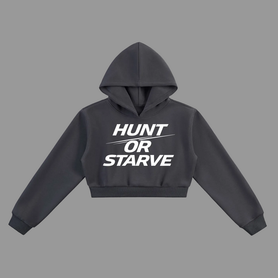 A dark gray cropped hoodie with &
