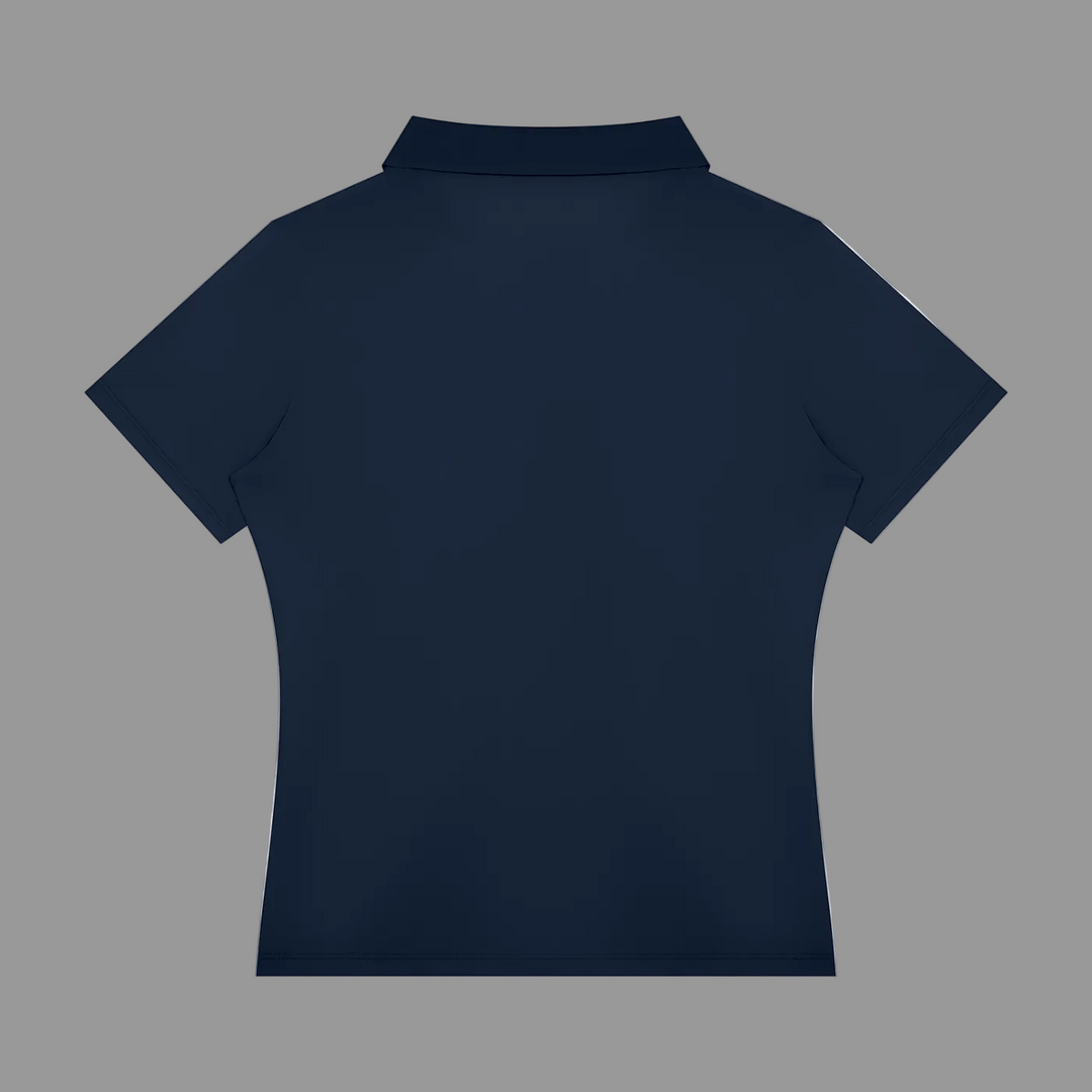 A dark navy blue short-sleeve polo shirt shown from the back, centered on a plain white background.