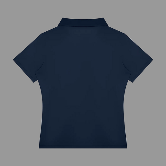 A dark navy blue short-sleeve polo shirt shown from the back, centered on a plain white background.