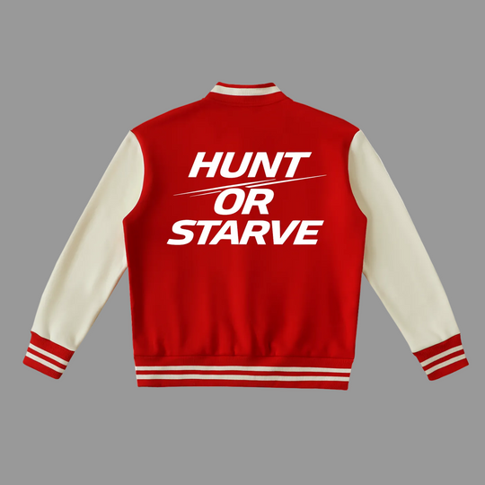 Red and cream varsity jacket shown from the back, featuring the bold white text &