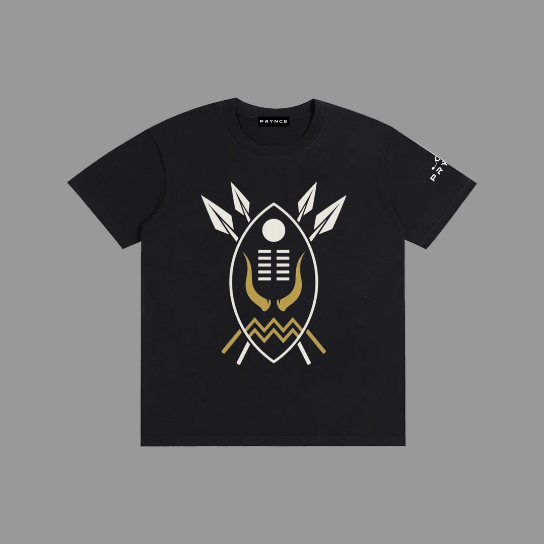 A black short-sleeve t-shirt with a central graphic of a shield, crossed arrows, and a gold and white zigzag pattern. The brand name &