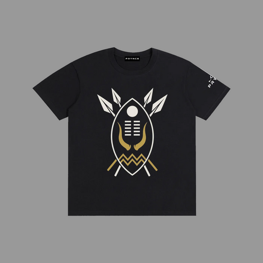 A black short-sleeve t-shirt with a central graphic of a shield, crossed arrows, and a gold and white zigzag pattern. The brand name &