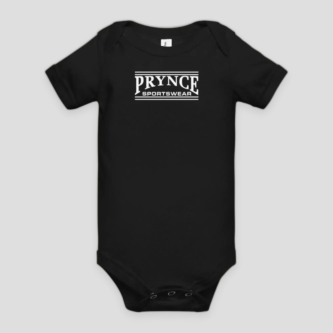 Black baby onesie with 'PRYNCE SPORTSWEAR' text on a white background