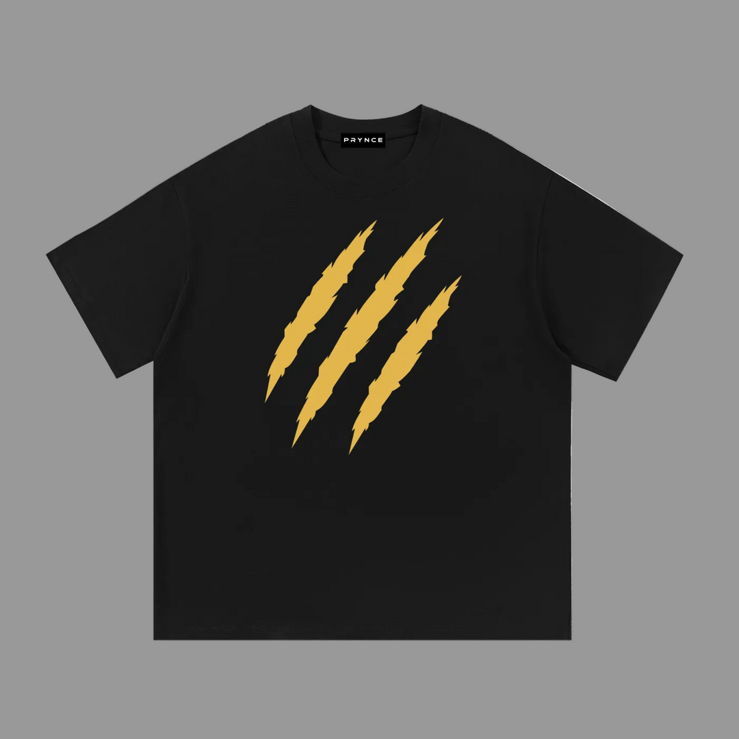 PRYNCE Claw Marks Tee in black, front view with three gold claw slash marks across the chest