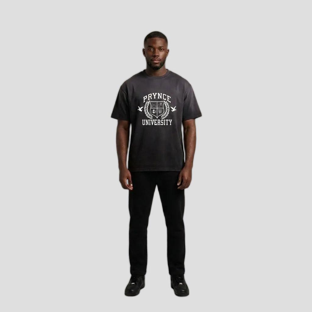 Model wearing the PRYNCE Sundown Fade Tee with the PRYNCE University crest, PRYNCE studio catalog tile