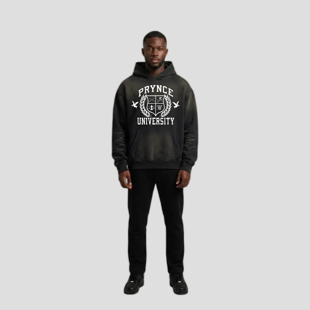 Model wearing the PRYNCE Sundown Fade Hoodie with the PRYNCE University crest, PRYNCE studio catalog tile