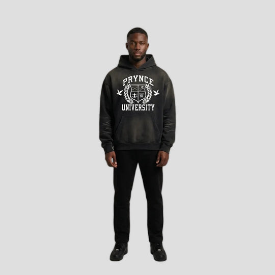 Model wearing the PRYNCE Sundown Fade Hoodie with the PRYNCE University crest, PRYNCE studio catalog tile