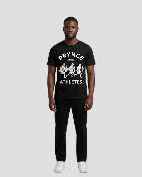 Man wearing the PRYNCE Maasai Africa Athletes Tee in black with white Maasai warriors print