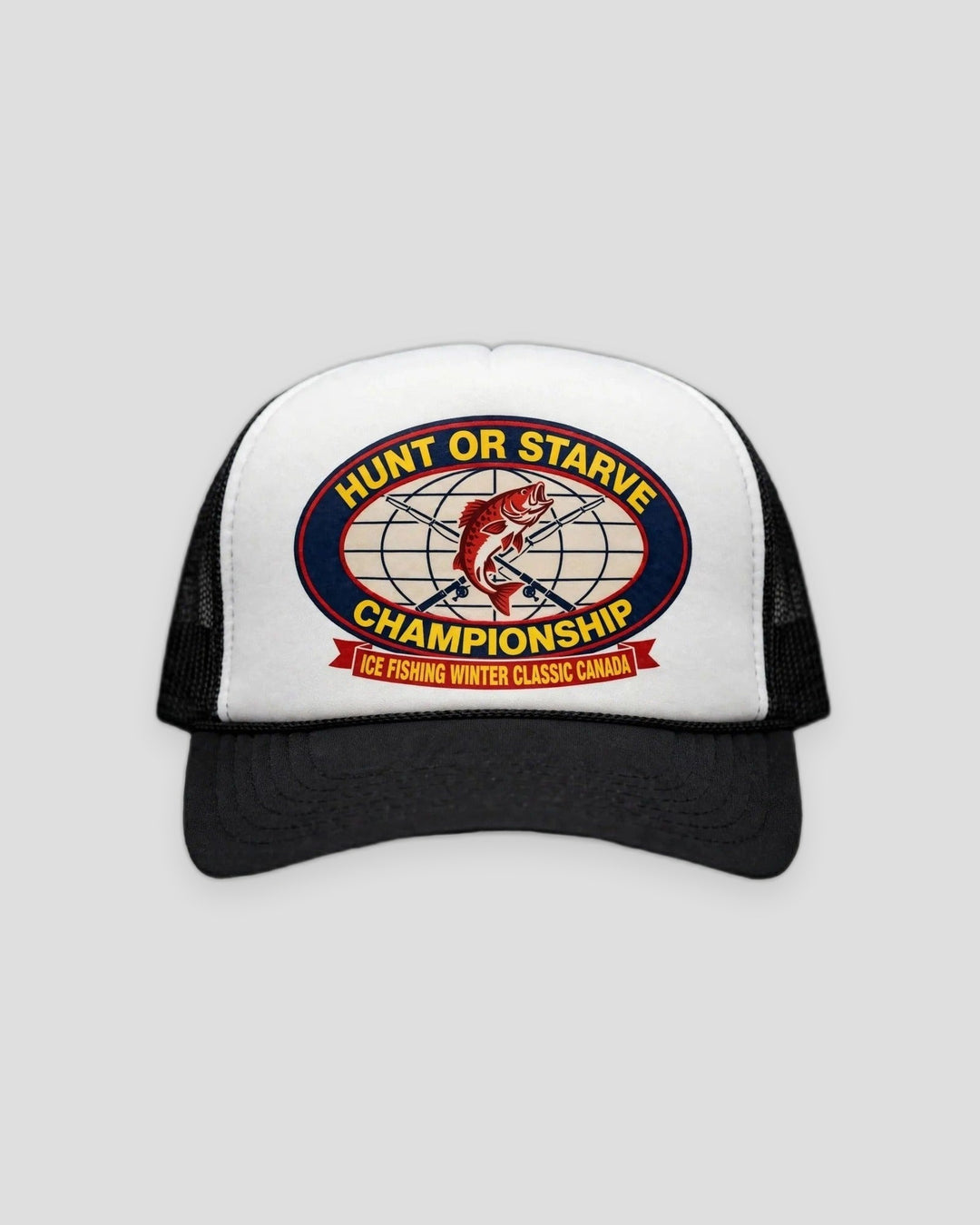 Hunt or Starve Championship Foam Trucker Hat — front view, full hat in frame