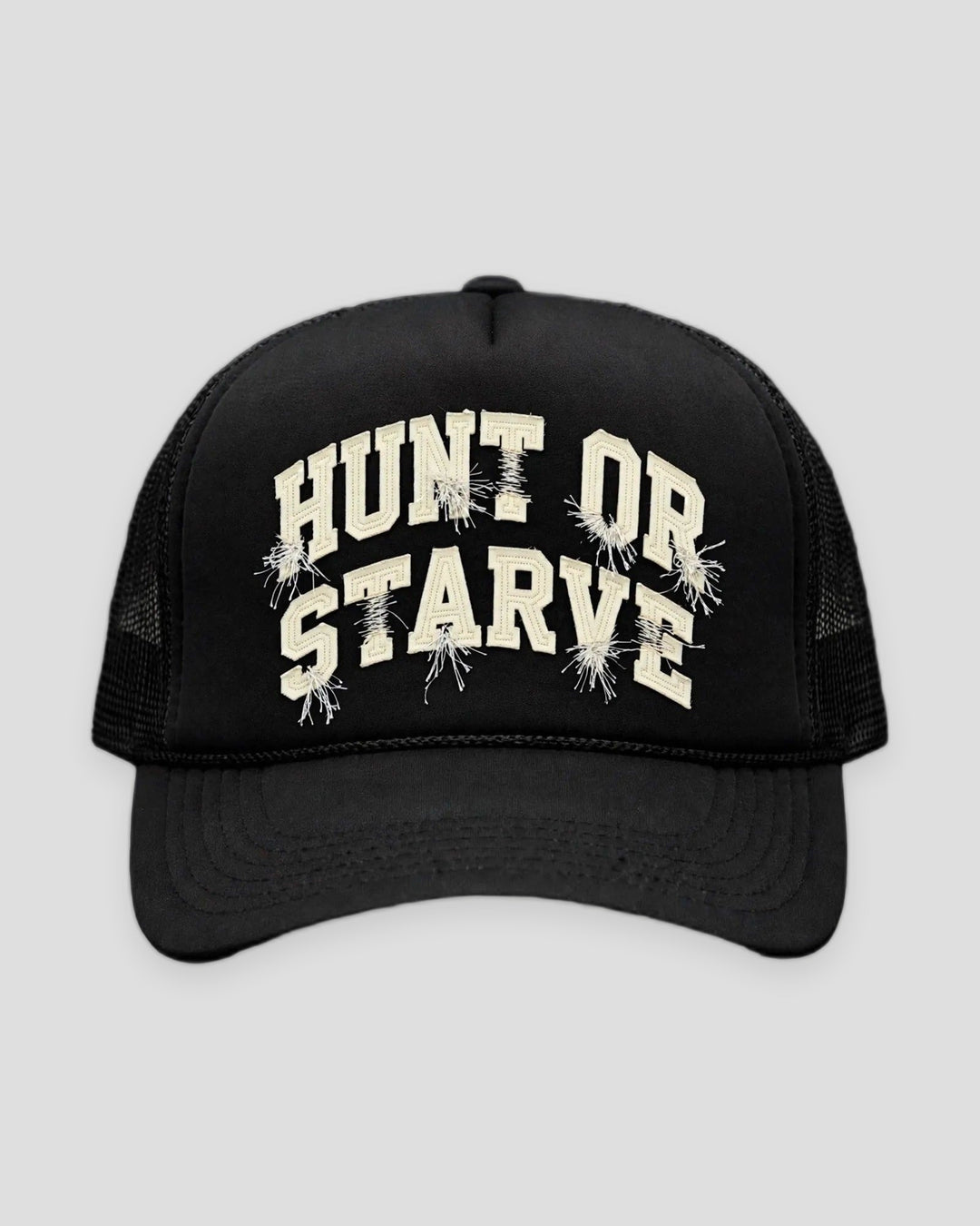 Hunt or Starve Varsity Foam Trucker Hat — front view, full hat in frame