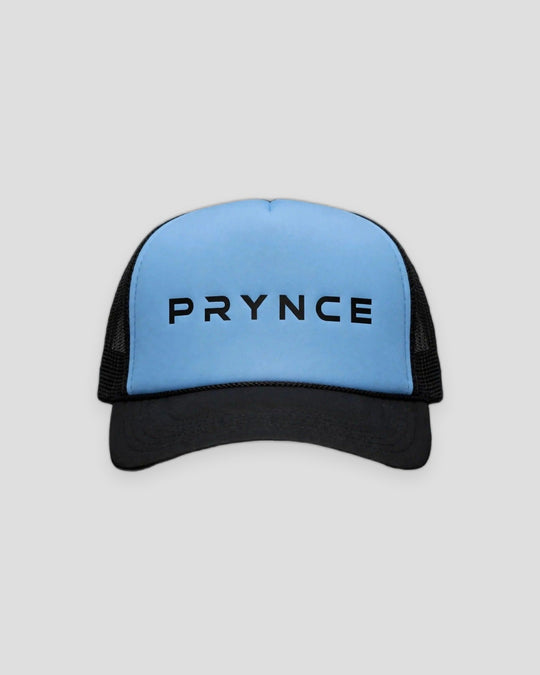 PRYNCE Sky Wordmark Foam Trucker Hat — front view, full hat in frame