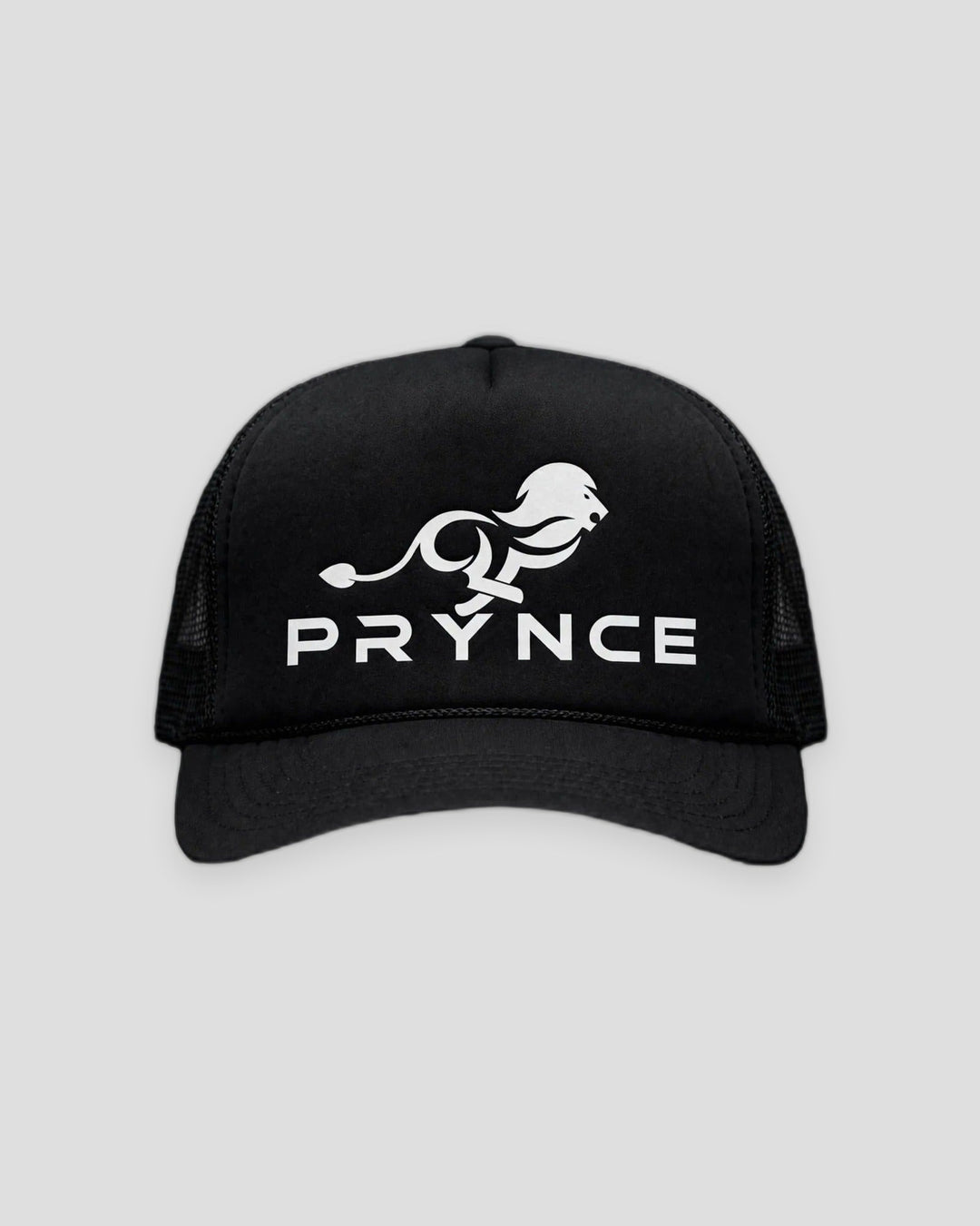PRYNCE White Lockup Foam Trucker Hat — front view, full hat in frame
