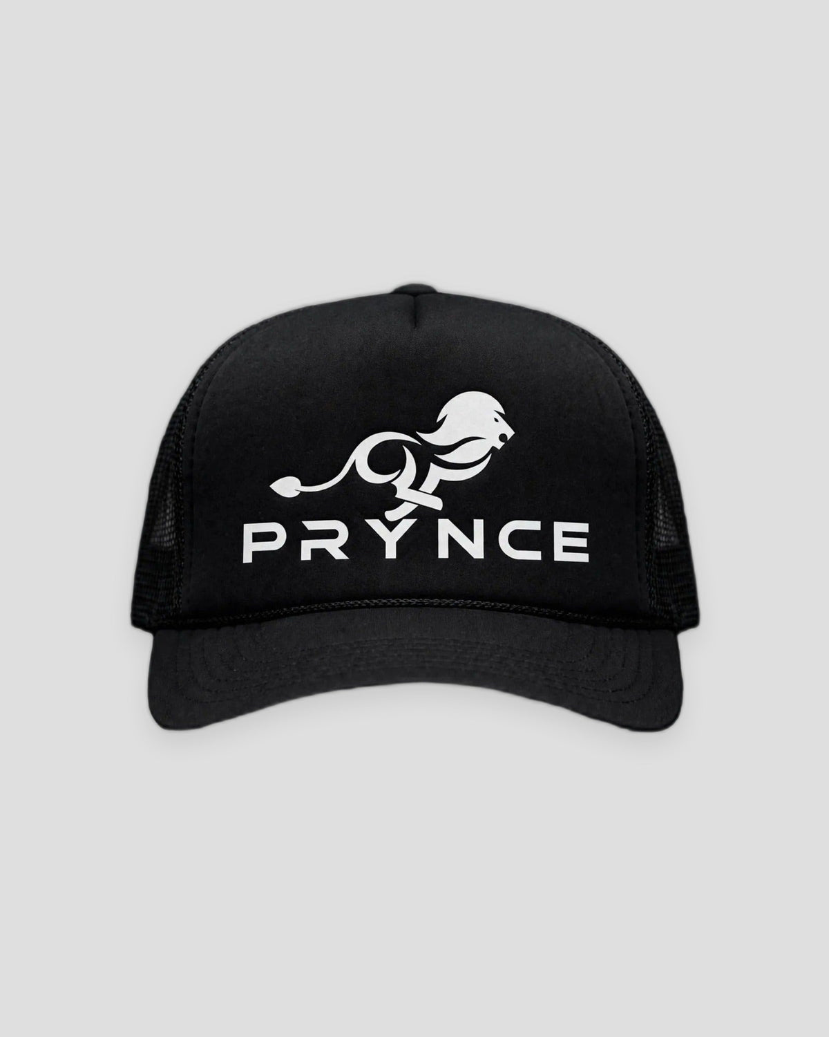 PRYNCE White Lockup Foam Trucker Hat — front view, full hat in frame