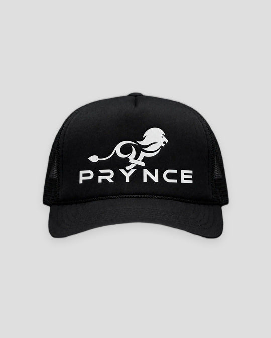 PRYNCE White Lockup Foam Trucker Hat — front view, full hat in frame