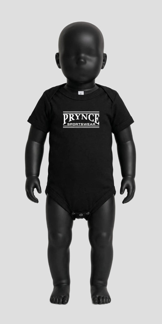 Little Champion Prynce Sports Baby Onesie in black with white PRYNCE SPORTSWEAR print on a black baby mannequin, full body