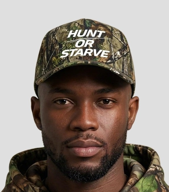 Chris wearing the PRYNCE Hunt Or Starve Forest Camo Snapback Hat with white italic HUNT OR STARVE logo, with the matching Forest Camo Hoodie