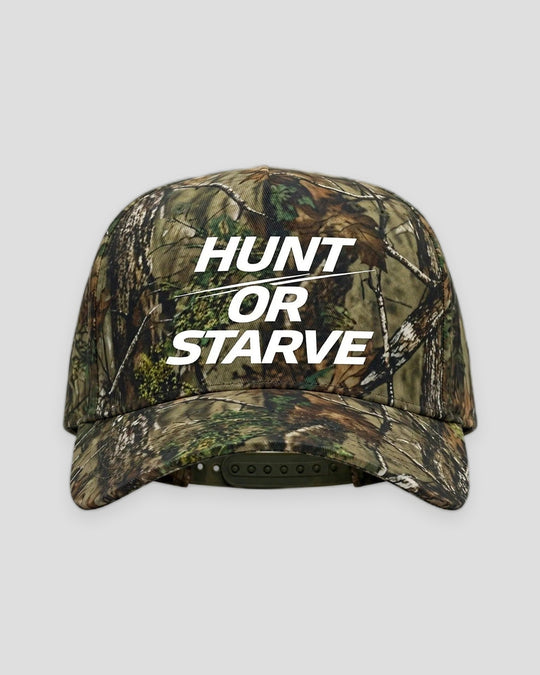 PRYNCE Hunt Or Starve Forest Camo Snapback Hat in forest tree camo with white italic Hunt or Starve logo, front view