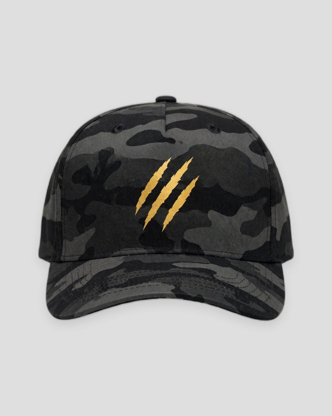PRYNCE Claw Marks Black Camo Snapback Hat in black camo with three gold claw slash marks, front view