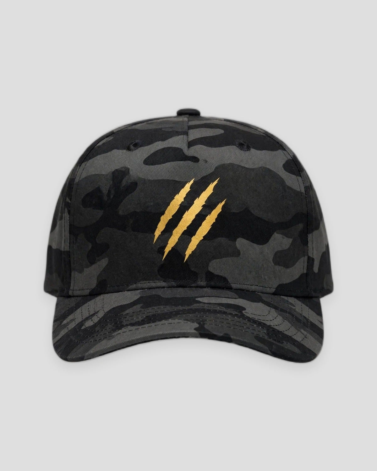 PRYNCE Claw Marks Black Camo Snapback Hat in black camo with three gold claw slash marks, front view