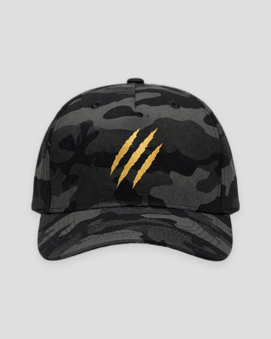 PRYNCE Claw Marks Black Camo Snapback Hat in black camo with three gold claw slash marks, front view