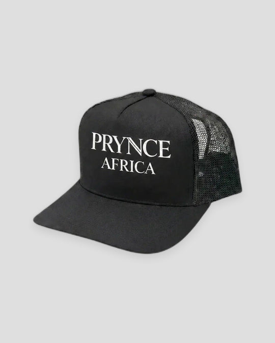PRYNCE AFRICA Trucker Hat in black with white PRYNCE AFRICA serif lettering, front view