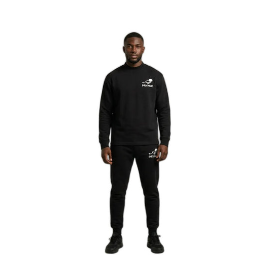 Man wearing the PRYNCE Athletics Mockneck Long Sleeve in black with small white chest logo, with black pants