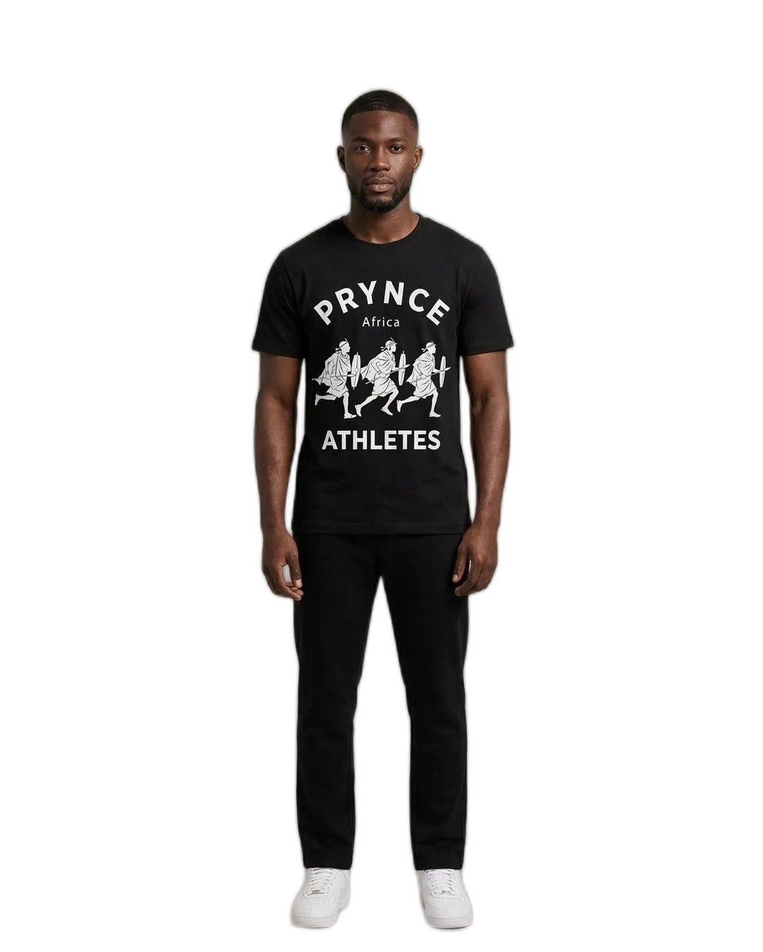 Man wearing the PRYNCE Maasai Africa Athletes Tee in black with white Maasai warriors print