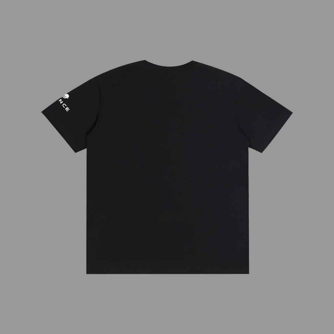 Black t-shirt with small white logos on sleeves against a grey background