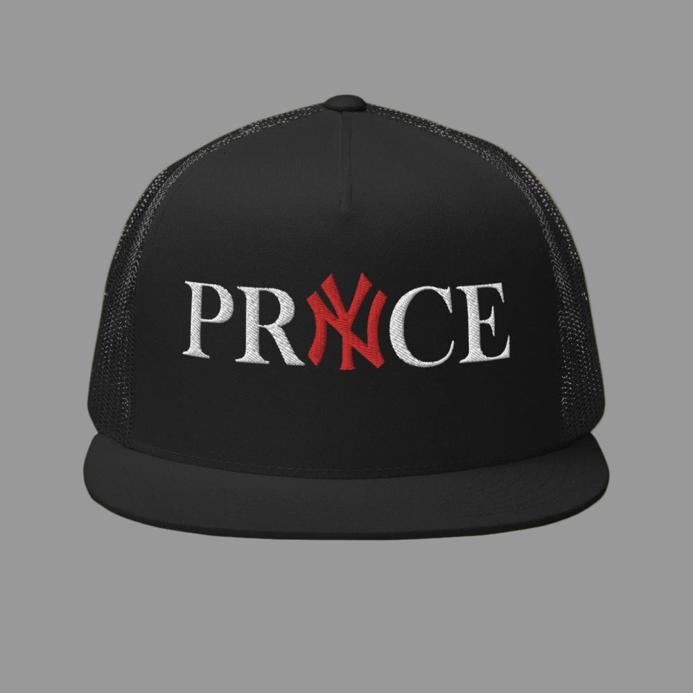 Black trucker cap with 'PRINCE' logo on a white background