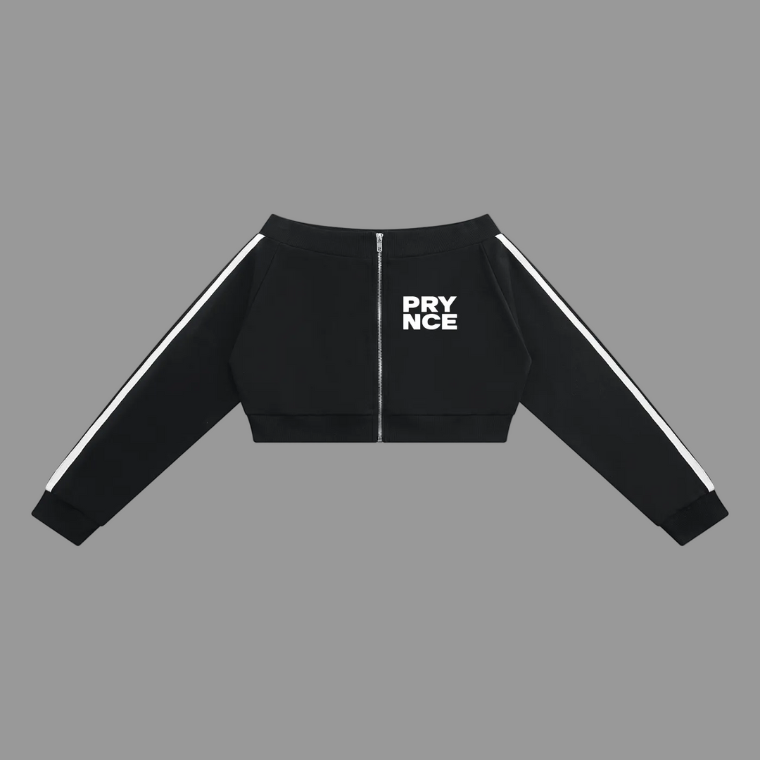 A black cropped zip-up jacket with white double stripes running down the sleeves and a white &