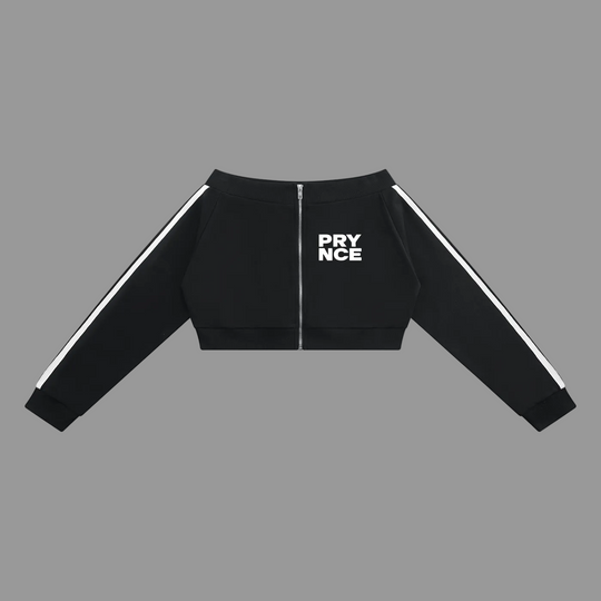 A black cropped zip-up jacket with white double stripes running down the sleeves and a white &